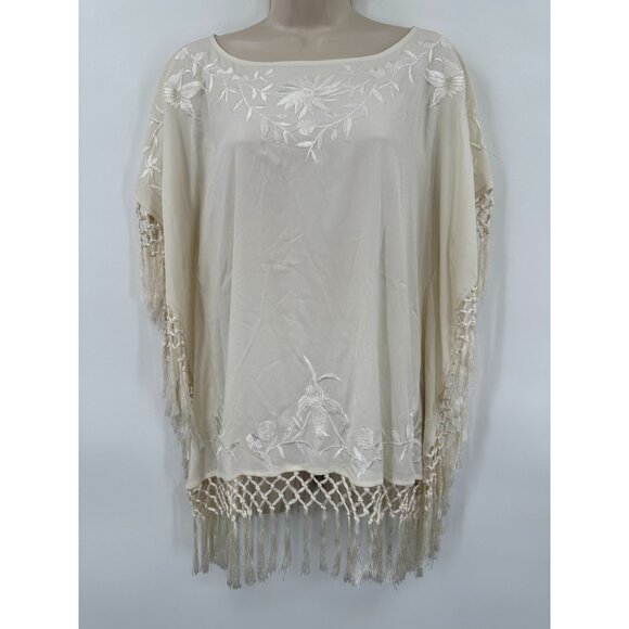 French Connection Embroider Kimono Top Fringe Cream Oversized BOHO Hippie S 4 - Picture 1 of 6